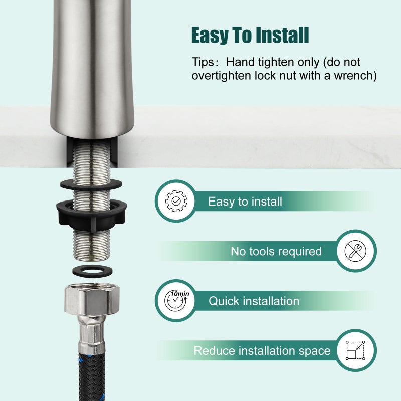 Heyalan Bathroom Faucet Single Handle 1 Hole SUS304 Stainless Steel Deck Mount Lavatory Single Switch Basin Sink Faucet Without Pop Up Drain and Cold Water Only Brushed Nickle - Image 3